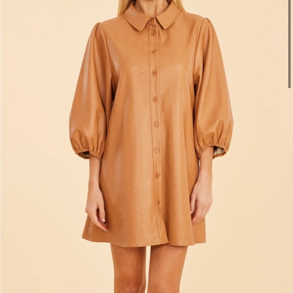 Dolce Cabo Classic Faux Leather Dress with Puff Sleeves camel brown XL NWT